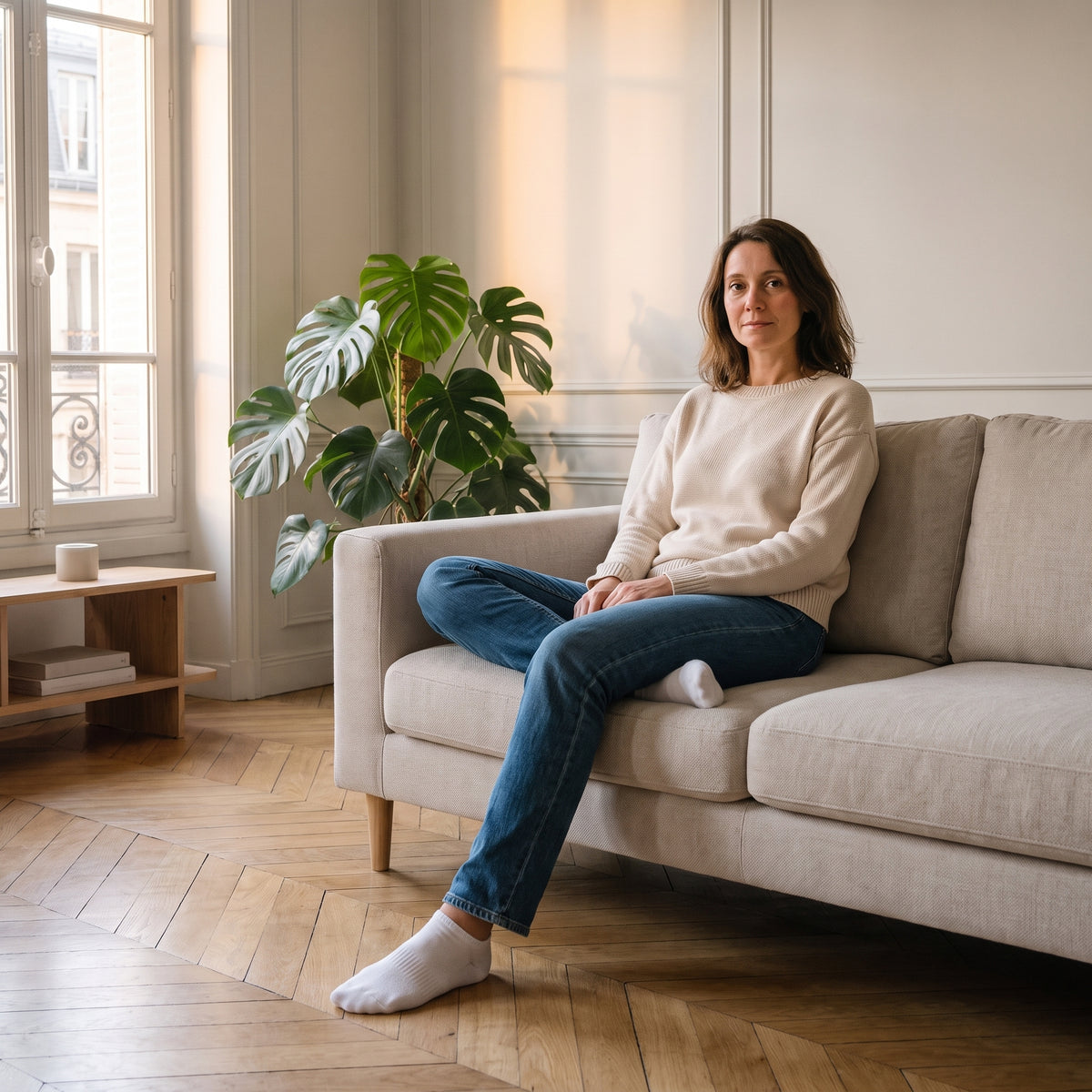 Chaussettes blanches portées par une femme assise dans son salon.