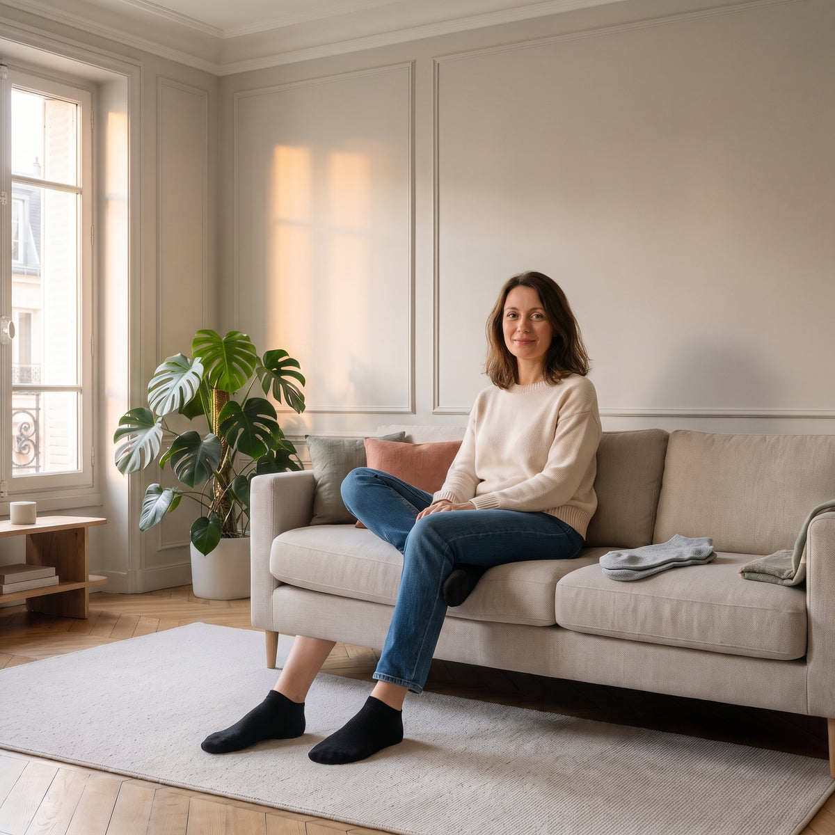 Femme assise en chaussettes noires, paire grise pliée sur le canapé.
