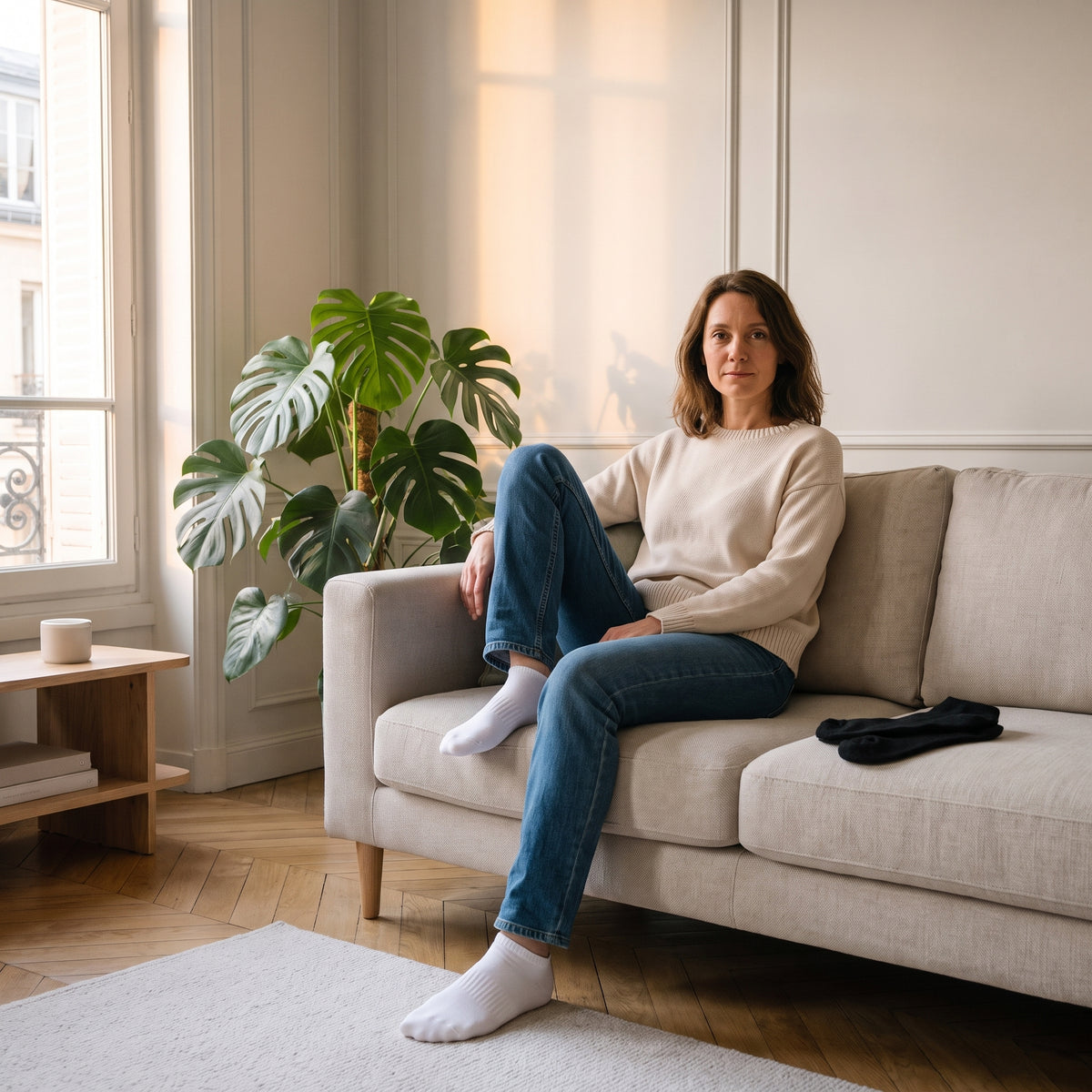 Femme assise en chaussettes blanches, paire noire pliée sur le canapé.
