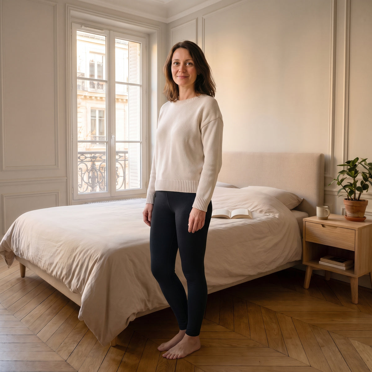 Femme portant un legging noir extensible dans une chambre Image