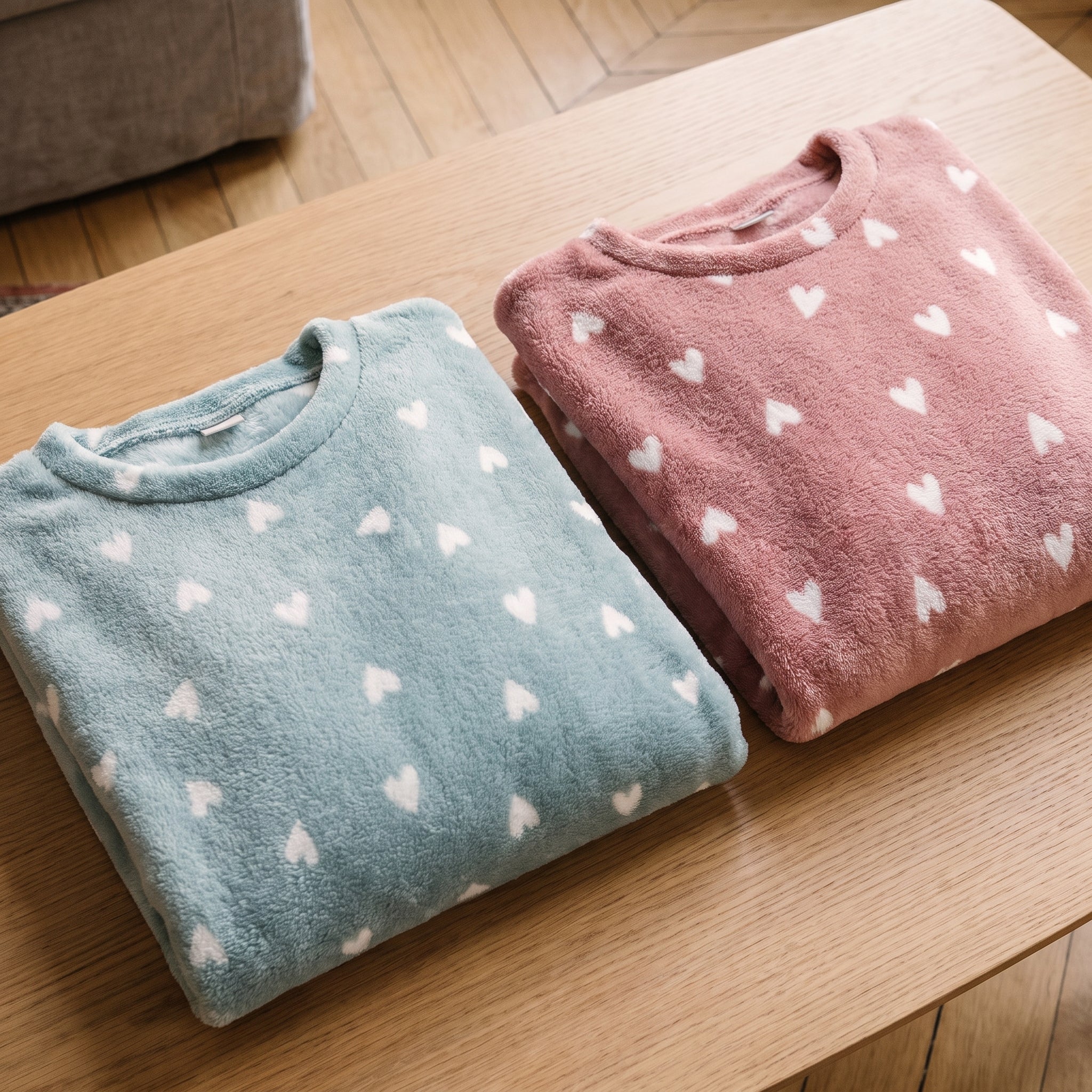 Les deux hauts de pyjama polaire à cœurs, vert d'eau et vieux rose, pliés côte à côte sur une table basse Image