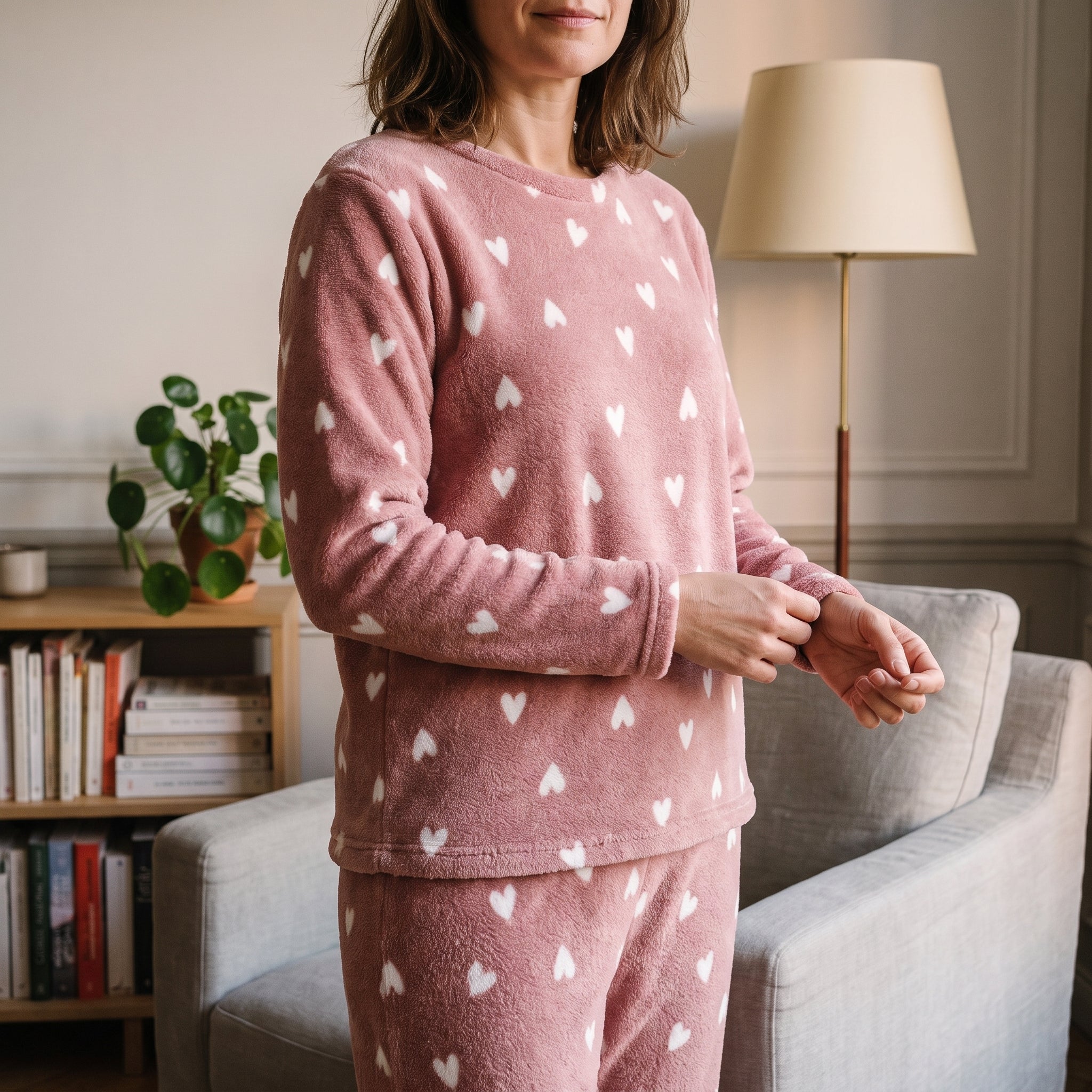 Femme debout en haut de pyjama polaire vieux rose, encolure ronde, manche jusqu'au poignet et ourlet droit sur la hanche Image