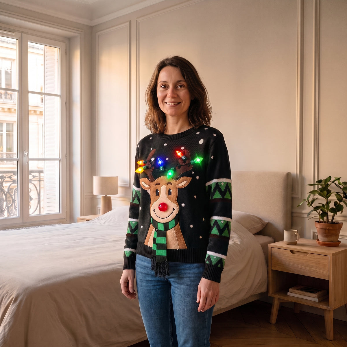 Pull de Noel femme noir a renne lumineux porte dans une chambre claire