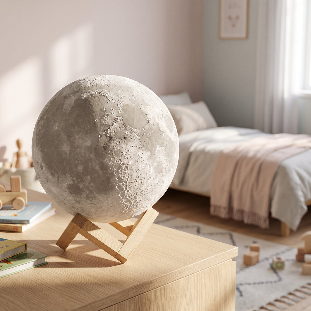 Lampe lune eteinte sur son support en bois, le relief des crateres en lumiere du jour