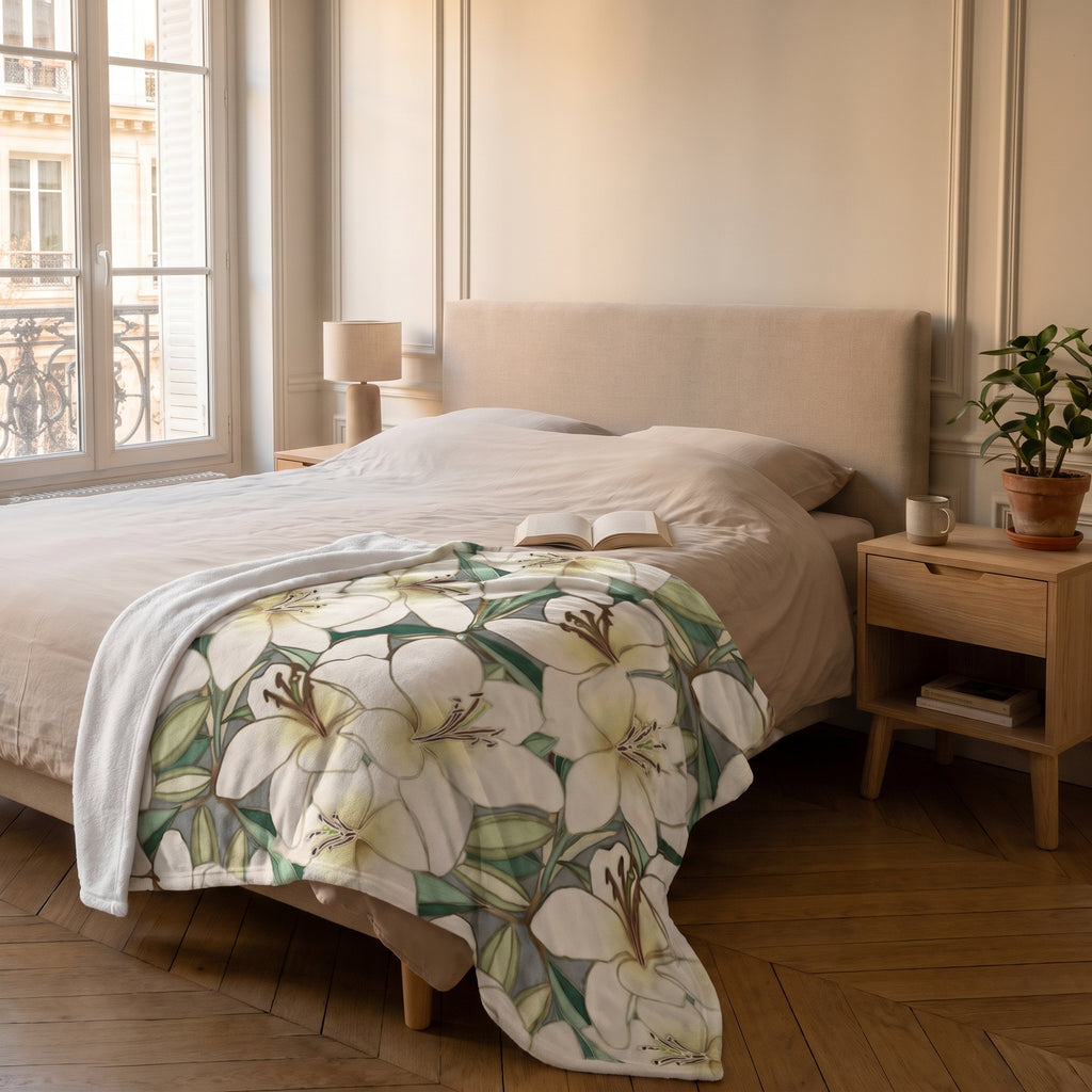 Plaid polaire fleurs de lys déplié en travers d'un lit