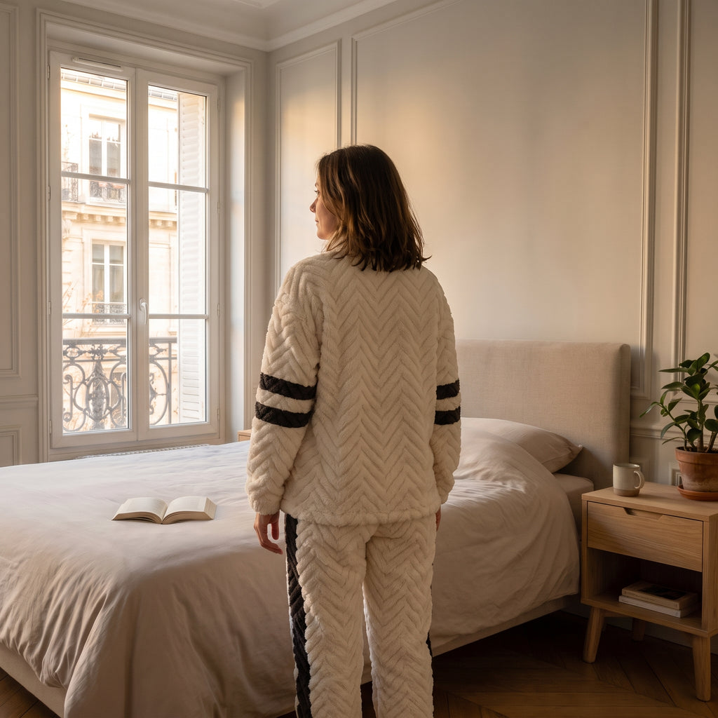 Femme de dos en pyjama polaire écru à maille chevron, large bande anthracite le long de la jambe