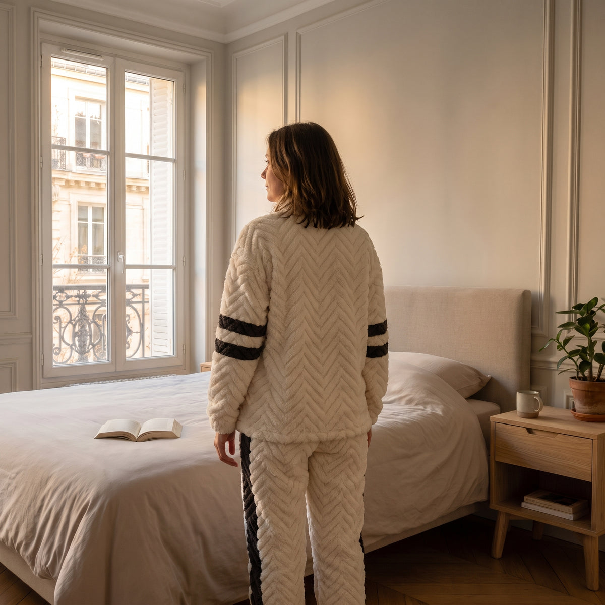Femme de dos en pyjama polaire écru à maille chevron, large bande anthracite le long de la jambe