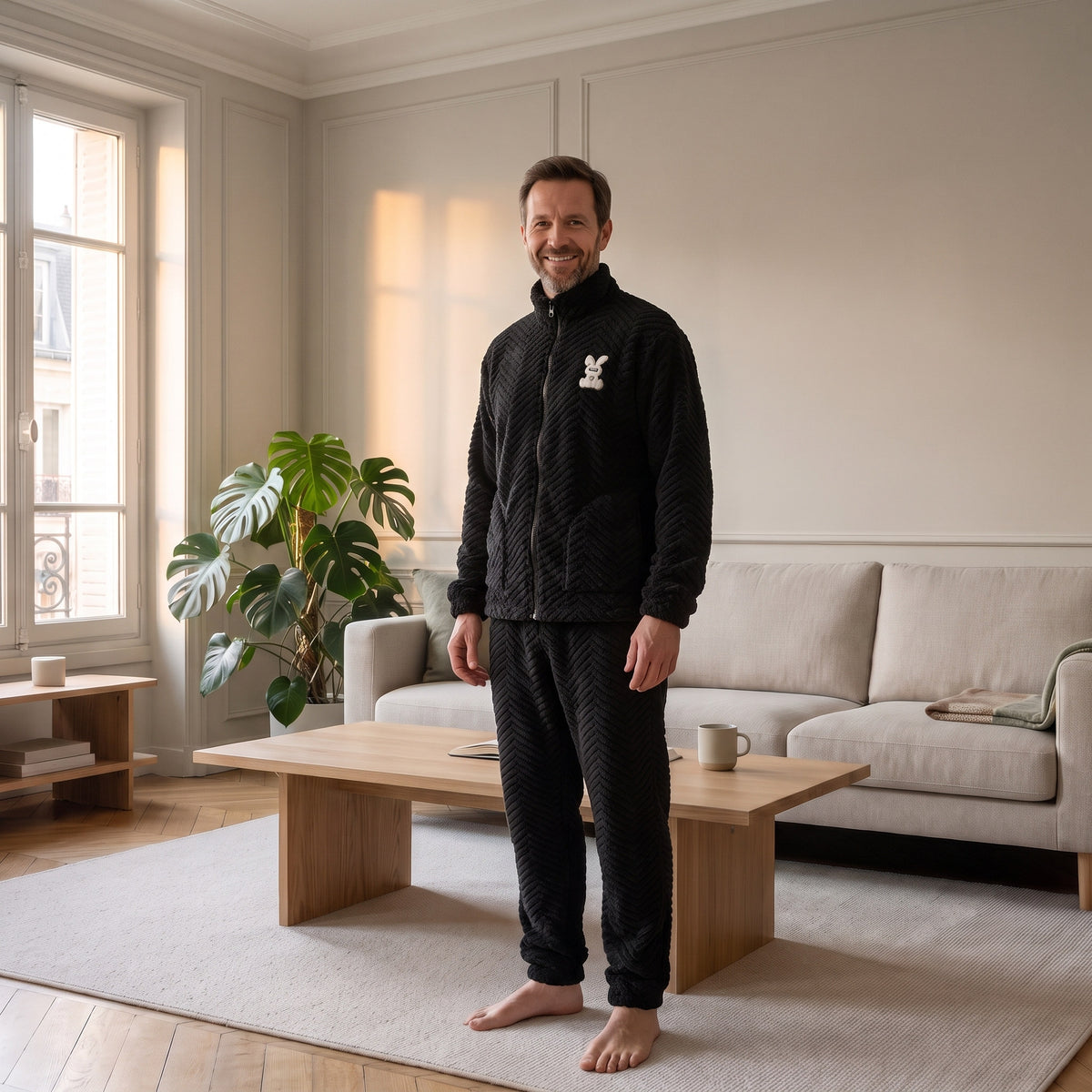 Homme en pyjama polaire noir à col montant zippé, écusson lapin