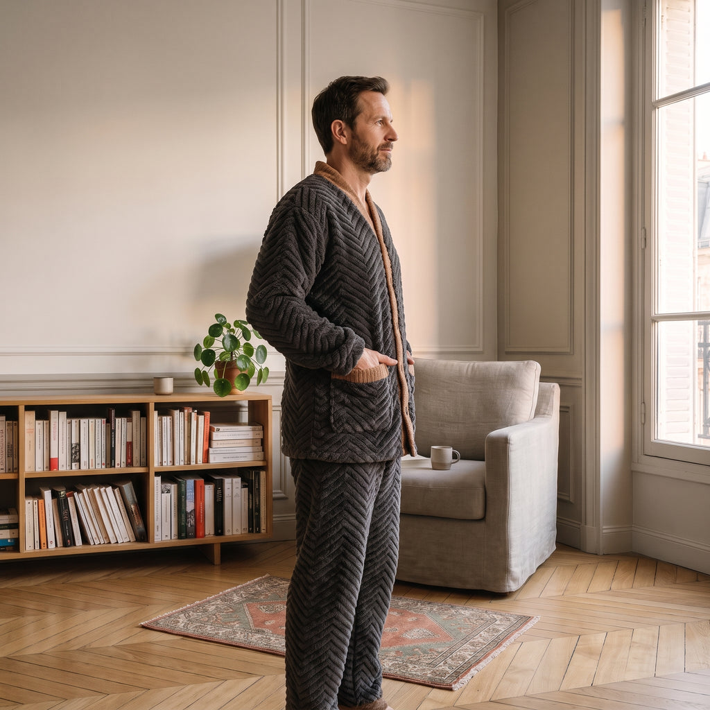 Homme de profil en pyjama polaire anthracite à maille chevron, col V et bordures camel