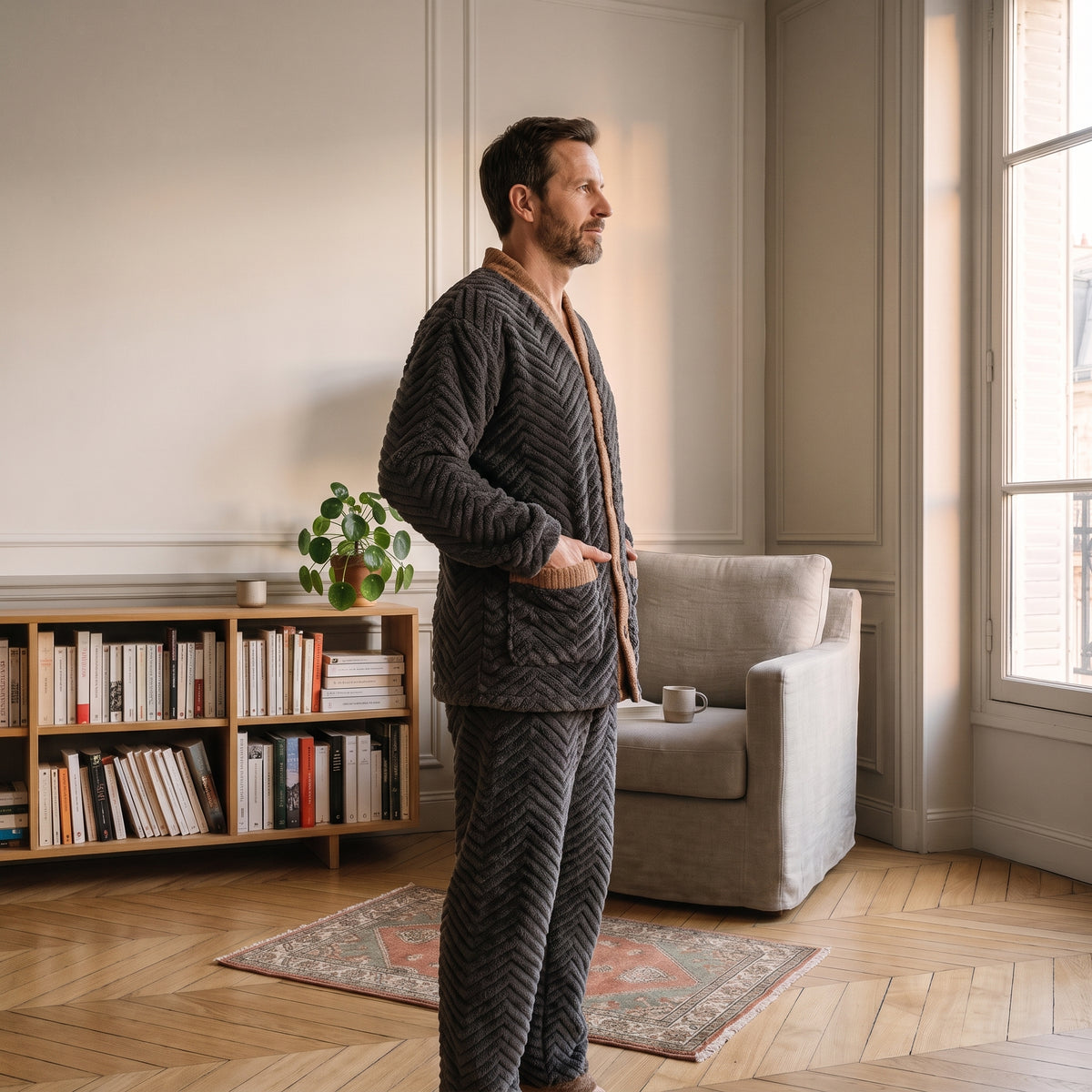 Homme de profil en pyjama polaire anthracite à maille chevron, col V et bordures camel