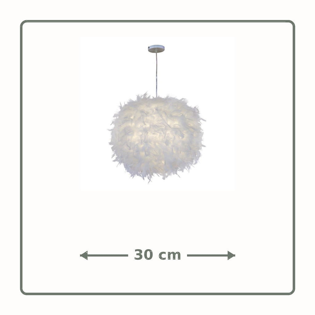 Suspension boule à plumes blanche, vue à l'échelle du diamètre de 30 cm, sans encadré
