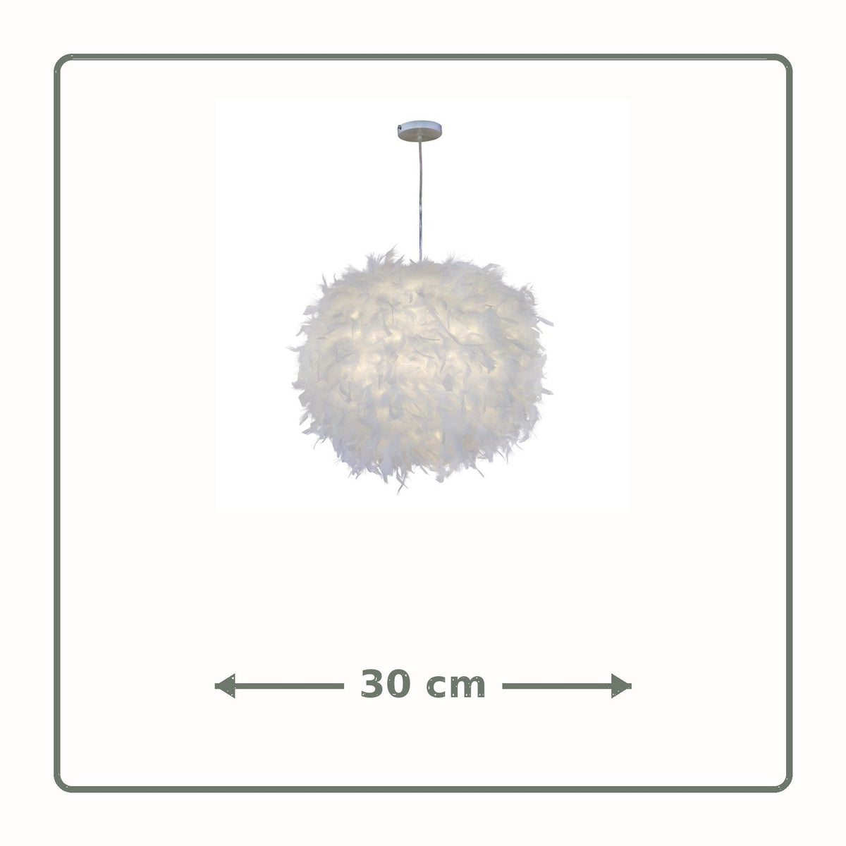 Suspension boule à plumes blanche, vue à l'échelle du diamètre de 30 cm, sans encadré