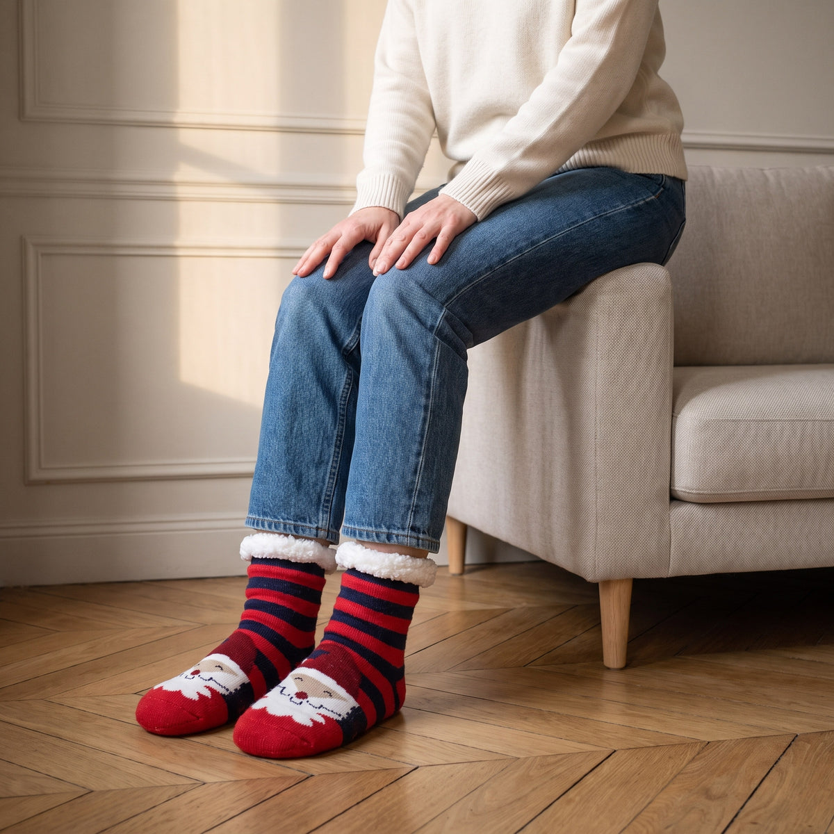 Chaussettes de Noël rouges rayées à Père Noël portées dans le salon