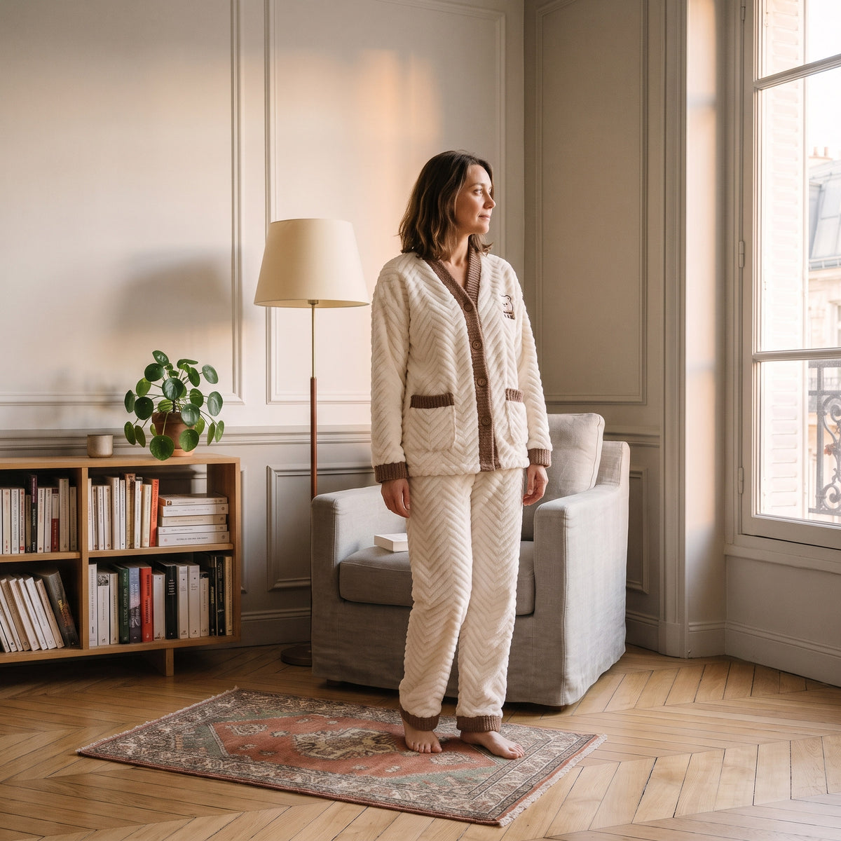 Femme en pyjama polaire écru à col V boutonné et bordures marron