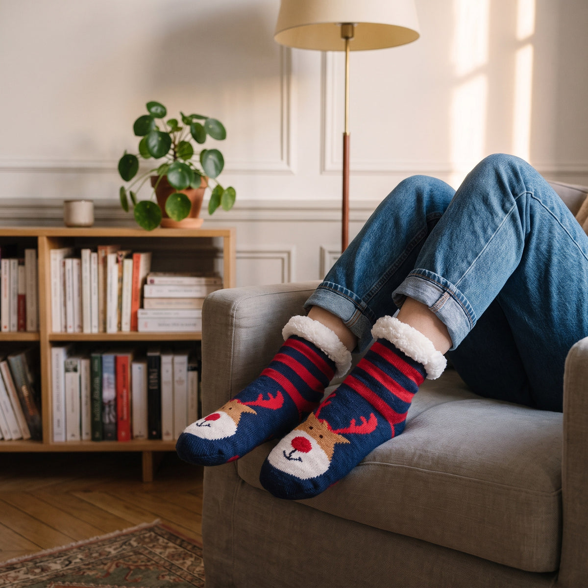Chaussettes de Noël bleu marine rayées à renne portées dans le coin lecture