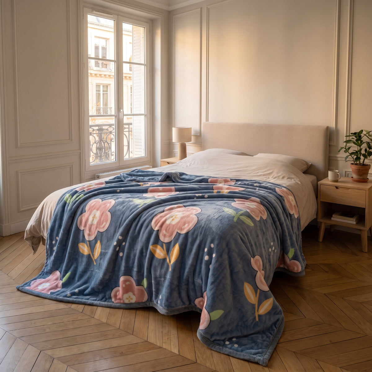 Plaid en peluche, motif Grandes fleurs sur bleu, déplié sur un lit