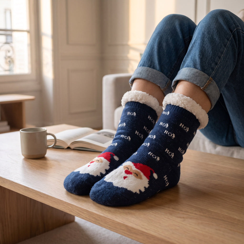 Chaussettes de Noël bleu marine à Père Noël portées, pieds sur la table basse