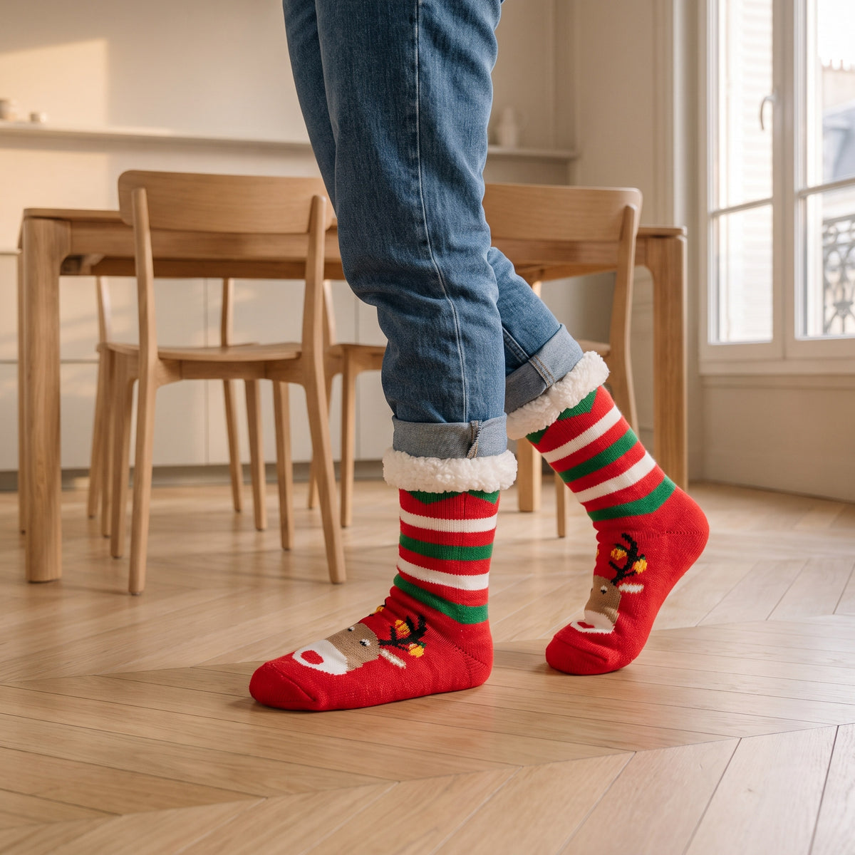 Chaussettes de Noël rouges et vertes à renne portées dans le coin repas