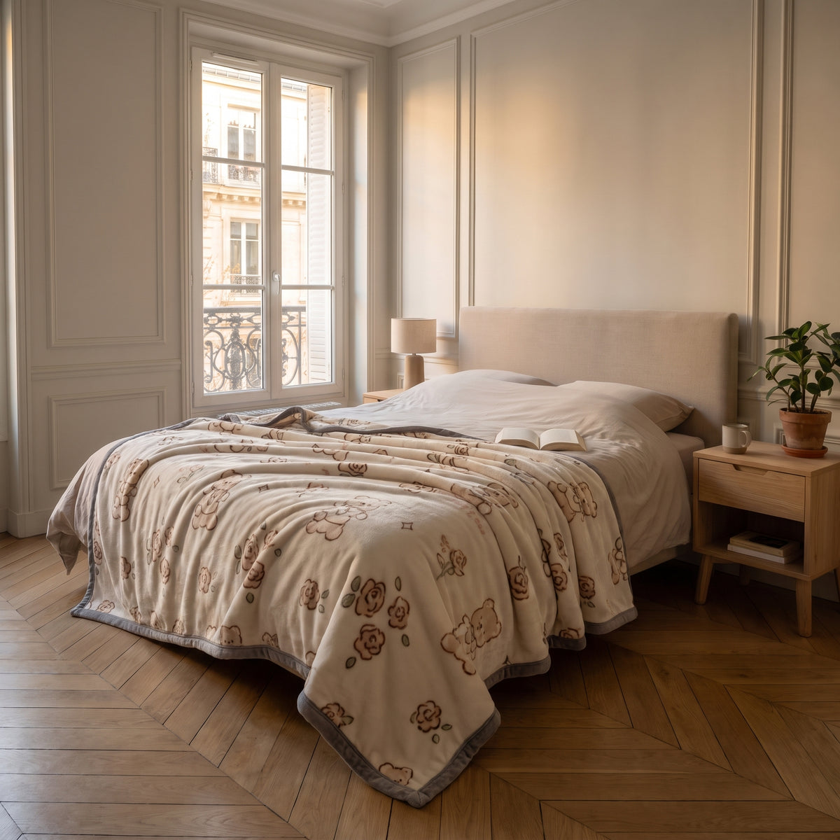 Plaid en peluche, motif Oursons et roses écru, déplié sur un lit