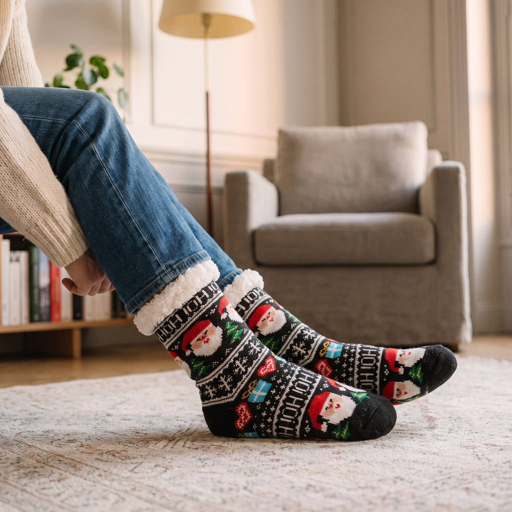 Détail du revers en fausse fourrure des chaussettes de Noël brunes à Père Noël