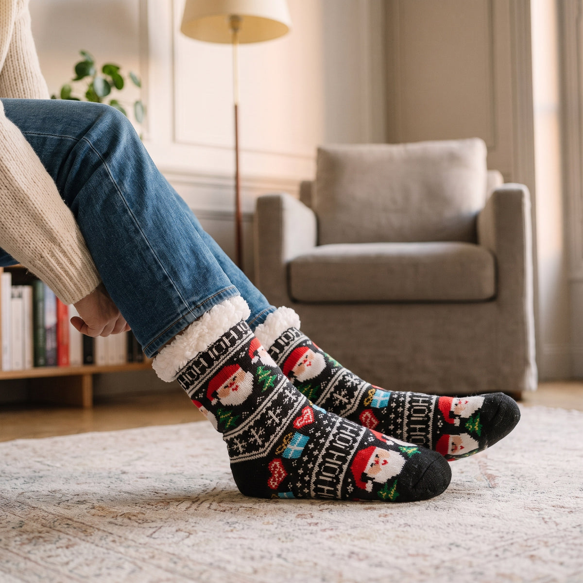 Détail du revers en fausse fourrure des chaussettes de Noël brunes à Père Noël