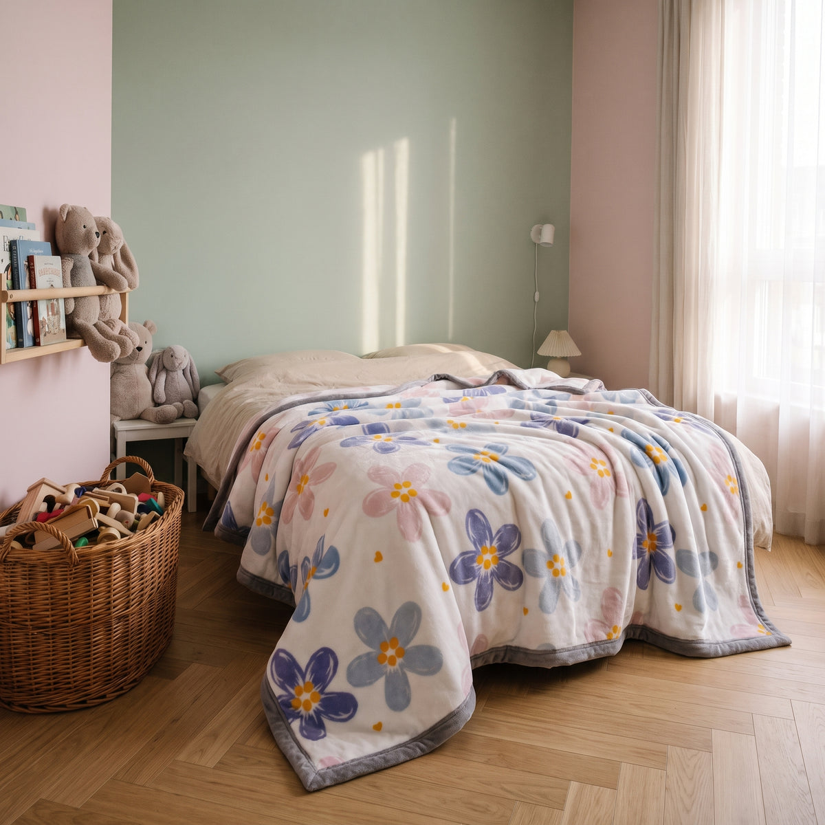 Plaid en peluche, motif Grandes fleurs bleues, déplié sur un lit d'enfant