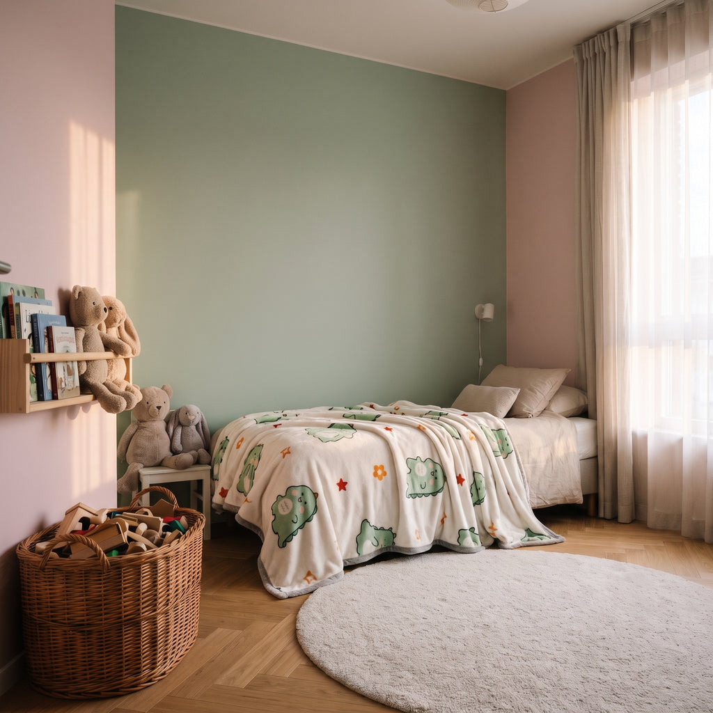 Plaid en peluche, motif Dinosaures verts, déplié sur un lit d'enfant