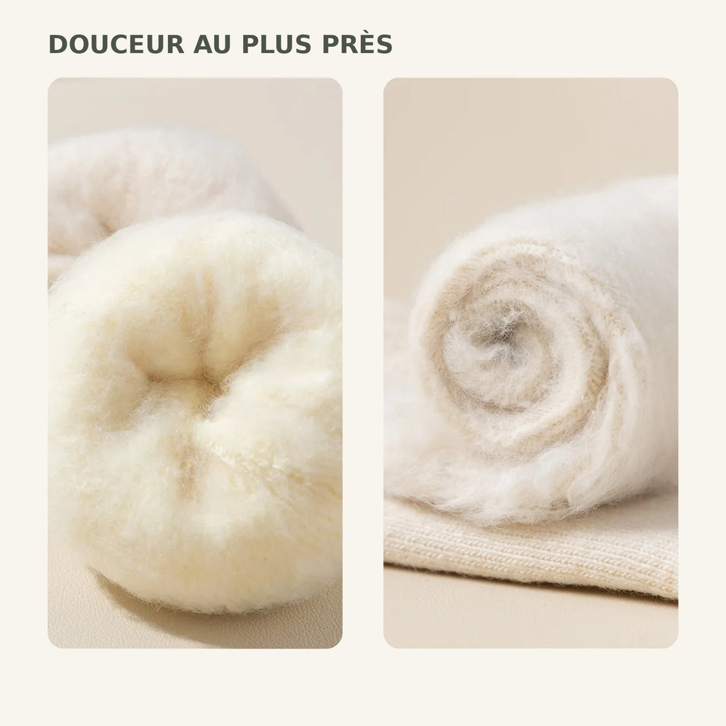 Gros plans sur l’intérieur pelucheux des chaussettes d’hiver femme