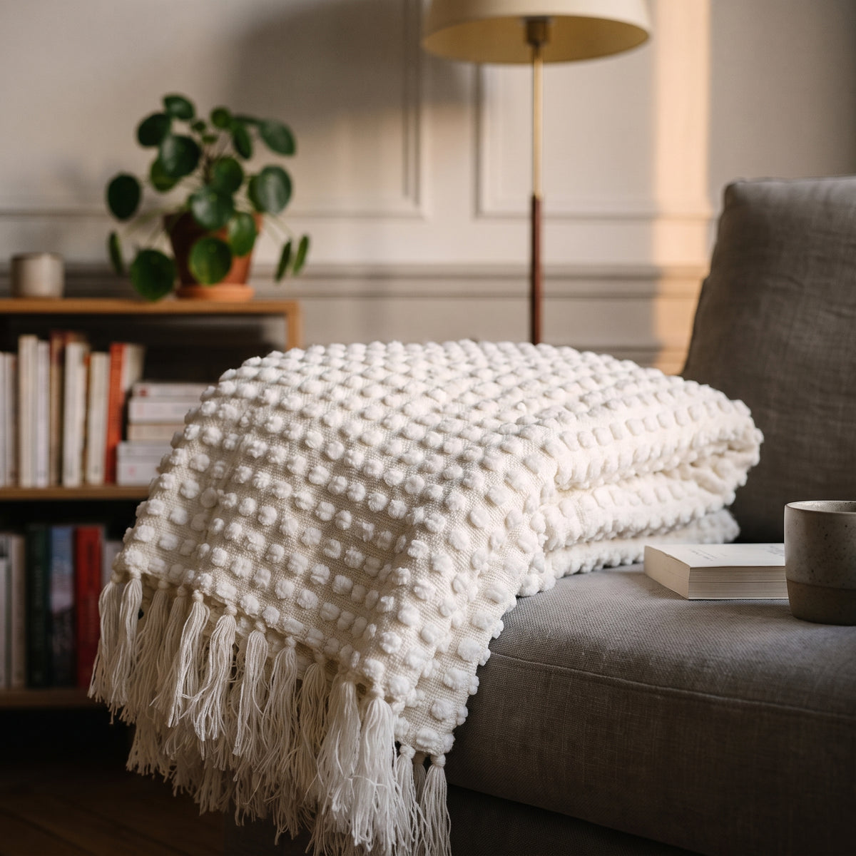 Détail des pois blancs en relief et des franges nouées