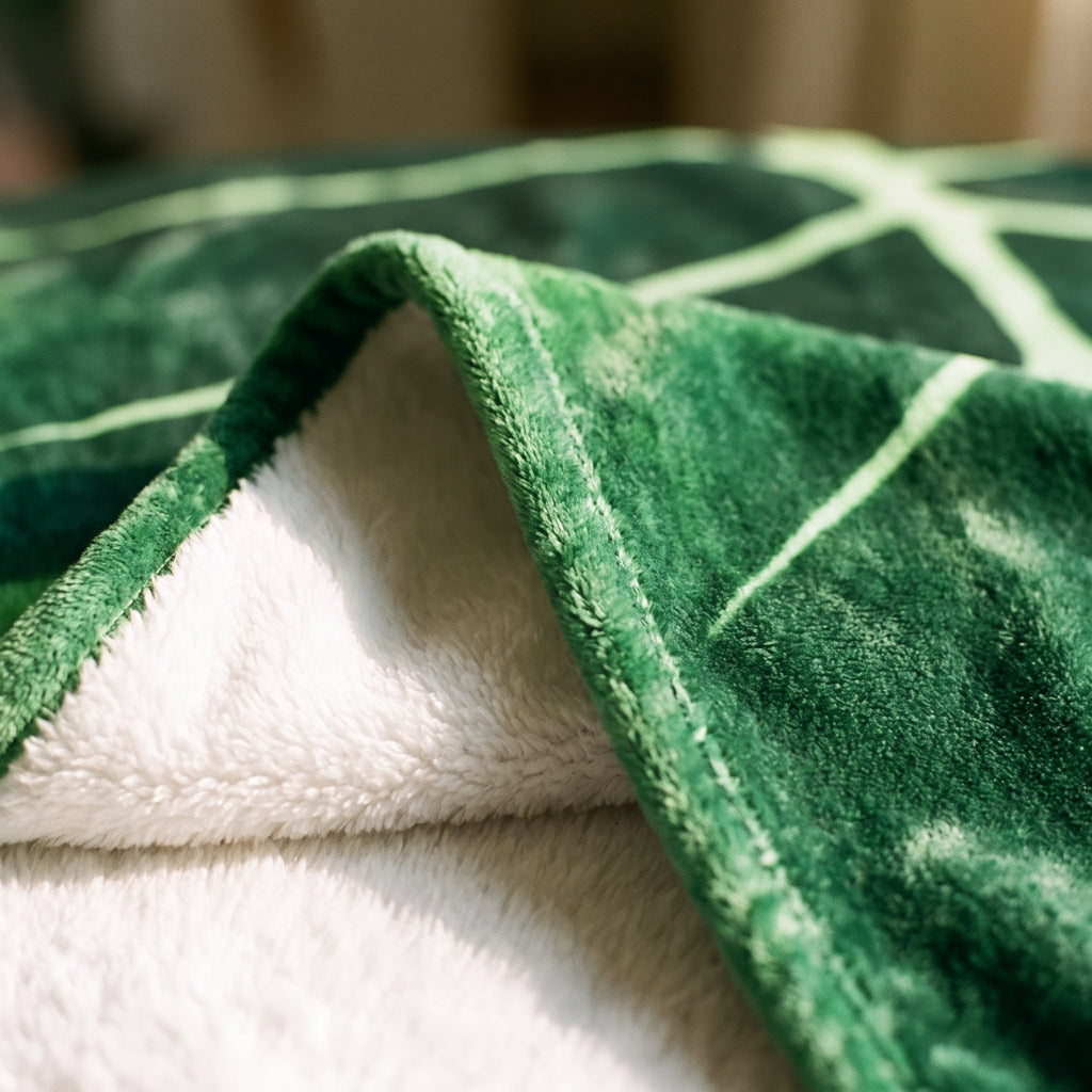 Détail du double face, imprimé vert d'un côté et peluche blanche de l'autre