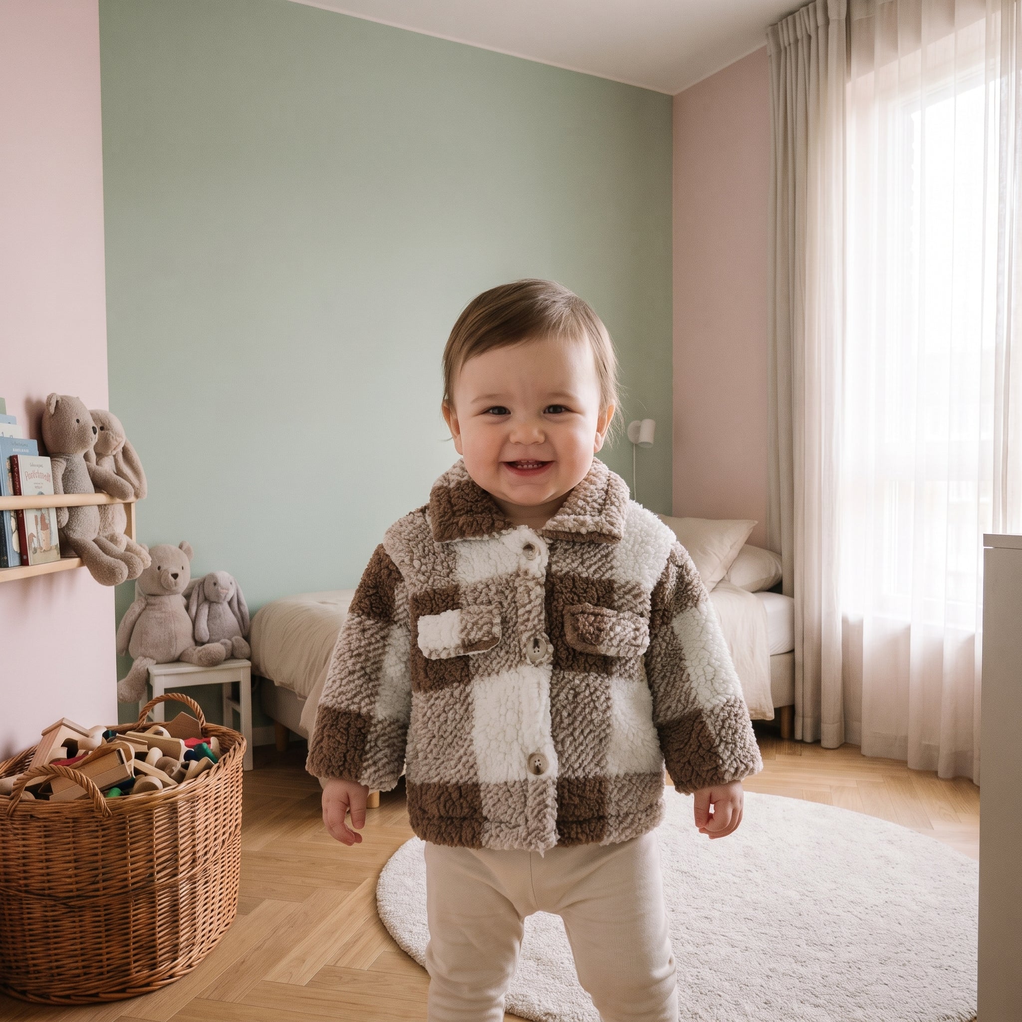 Enfant debout portant le manteau bébé à carreaux dans sa chambre Image