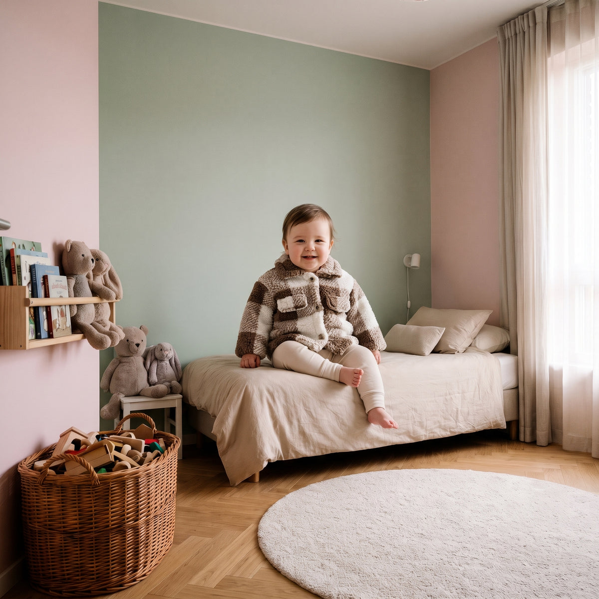 Enfant assis dans sa chambre avec le manteau bébé à carreaux