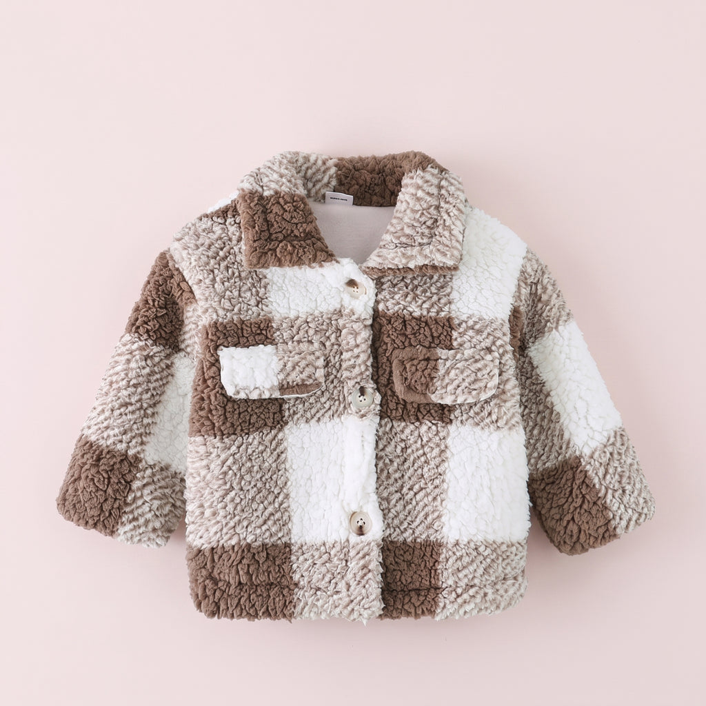 Manteau bébé à carreaux marron et écru présenté de face