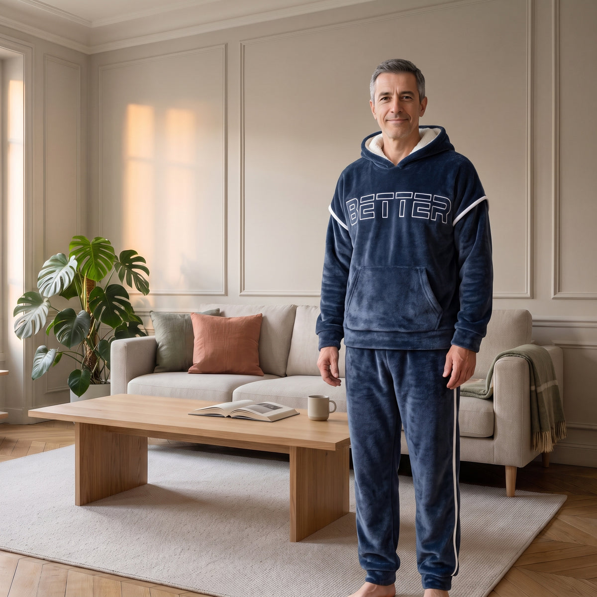 Homme debout en pyjama polaire bleu marine à capuche, lettrage Better et liseré blanc, dans un salon