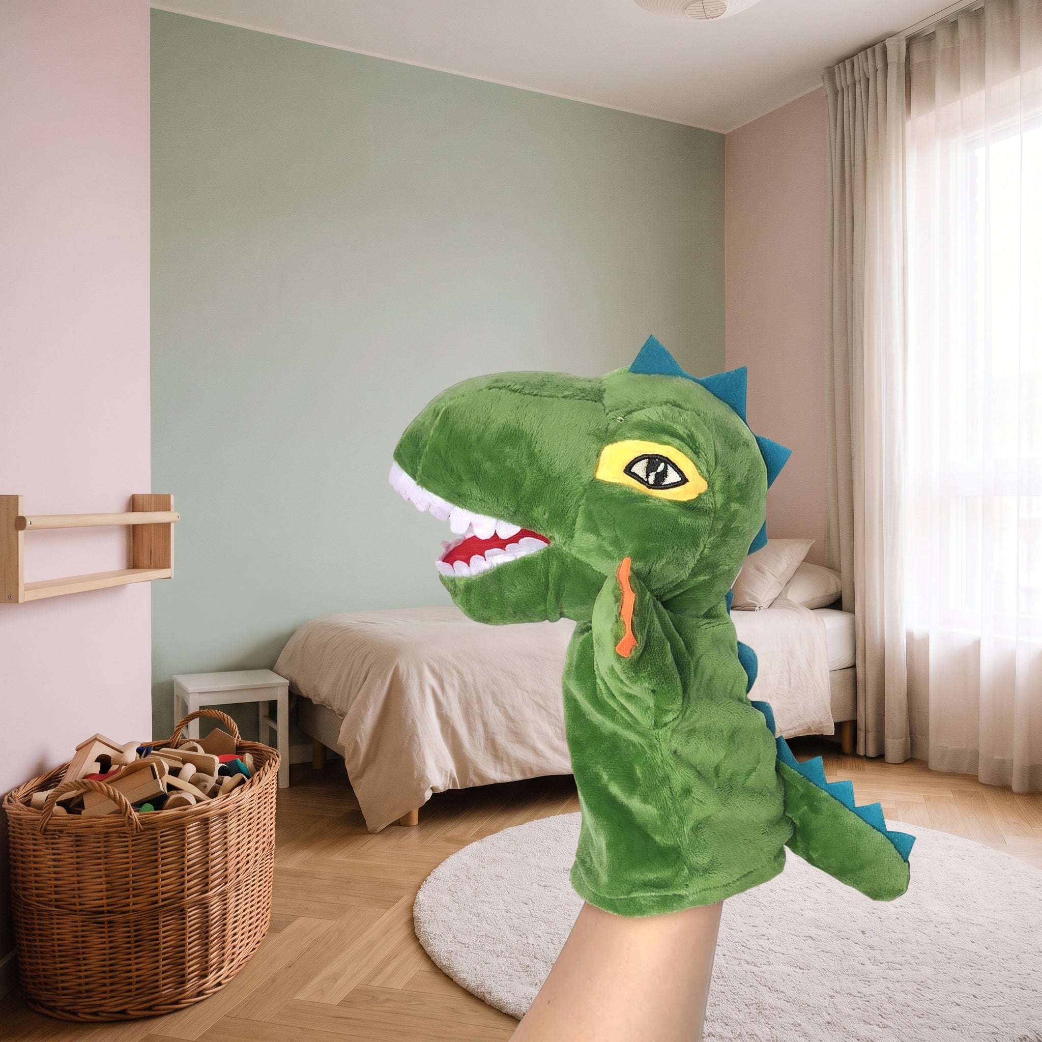 Marionnette dinosaure en jeu dans une chambre d’enfant lumineuse Image