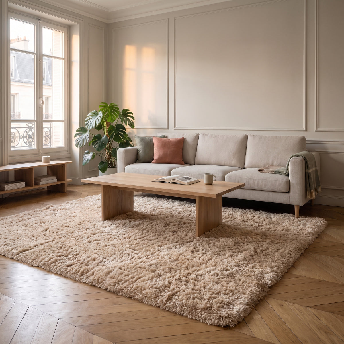 Tapis en fausse fourrure marron étendu dans un salon clair devant un canapé