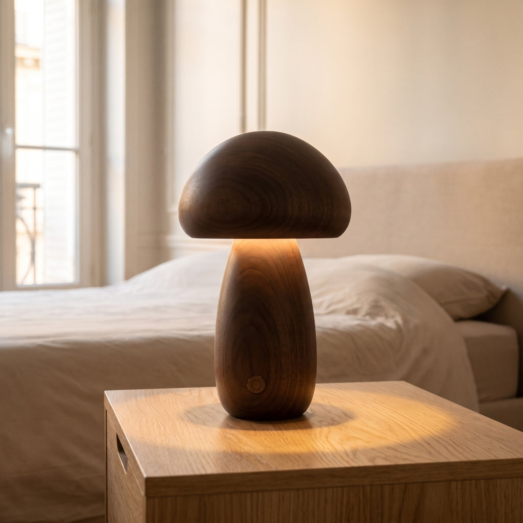 Lampe champignon en bois foncé, grand modèle, allumée sur une table de chevet
