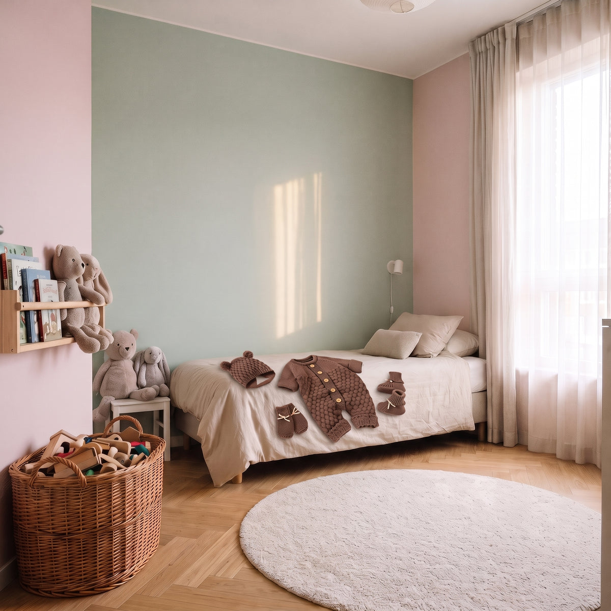 Barboteuse tricot marron et ses accessoires sur le lit