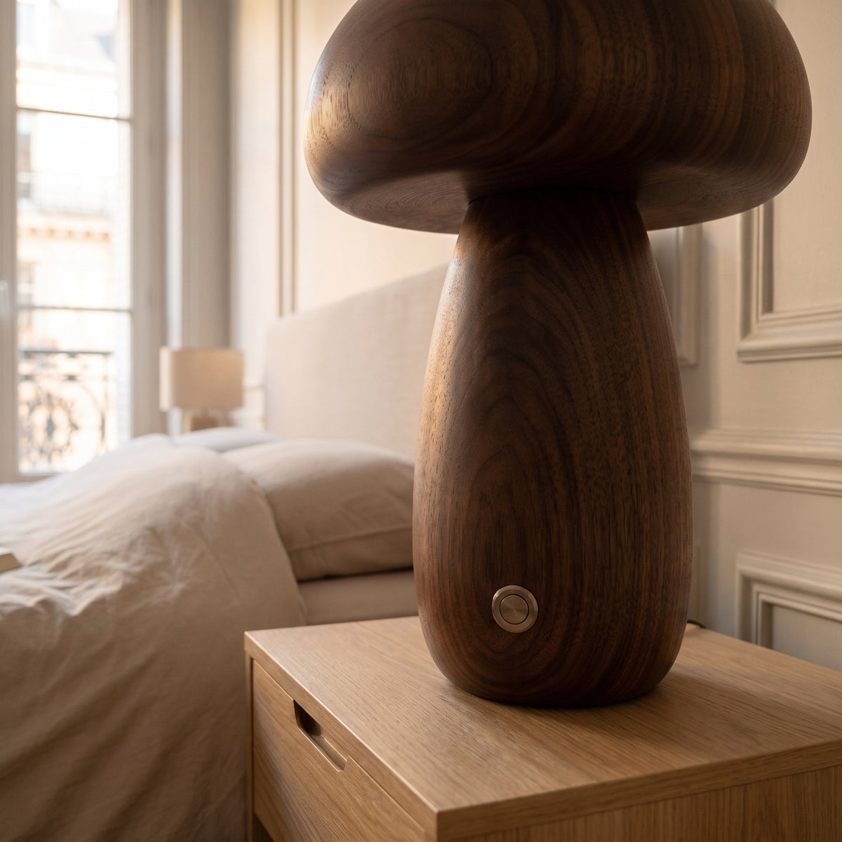 Pied galbé en bois foncé du grand modèle de la lampe champignon et son bouton rond