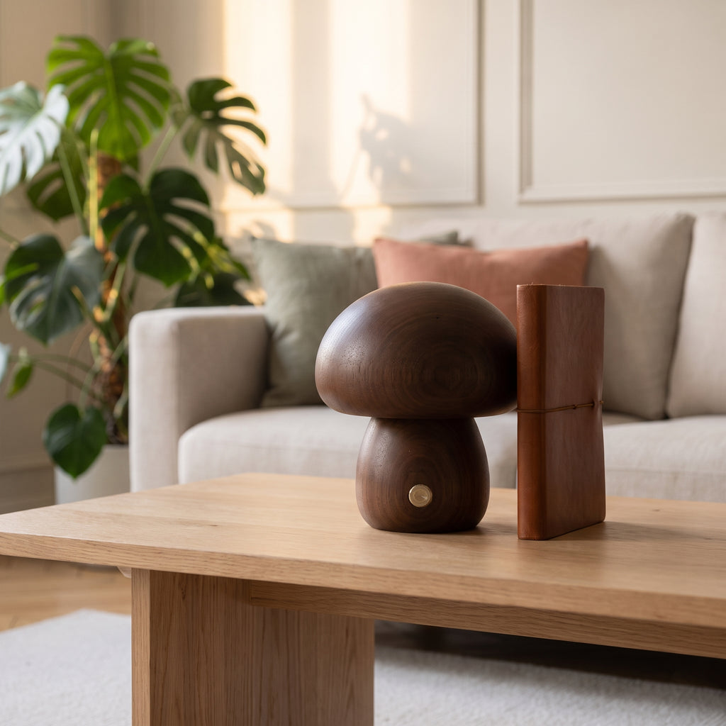 Lampe champignon en bois foncé, petit modèle, posée près d'un carnet sur une table basse