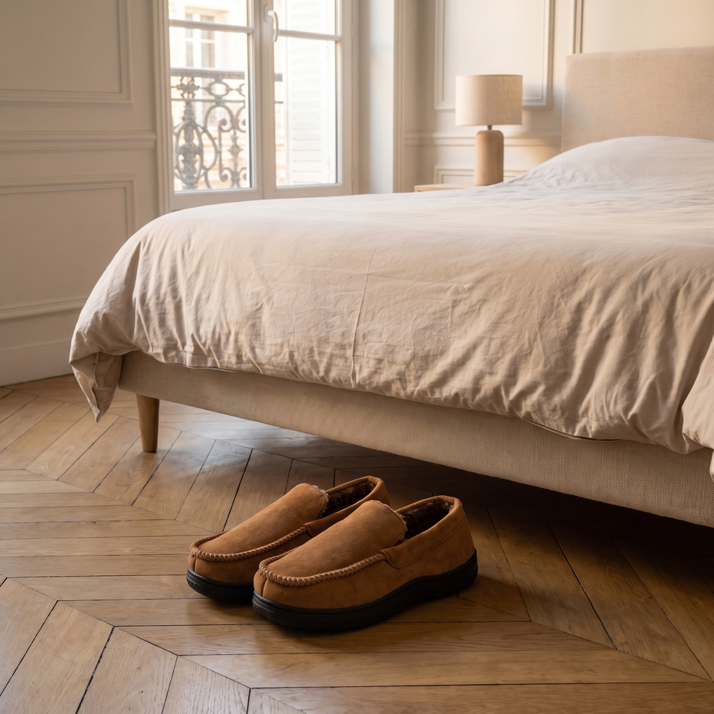 Mocassins chaussons homme marron foncé posés au pied du lit