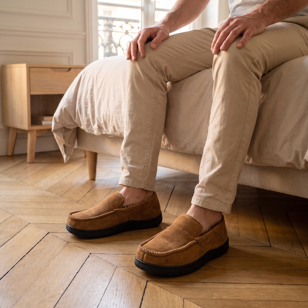 Mocassins chaussons homme marron foncé portés dans une chambre