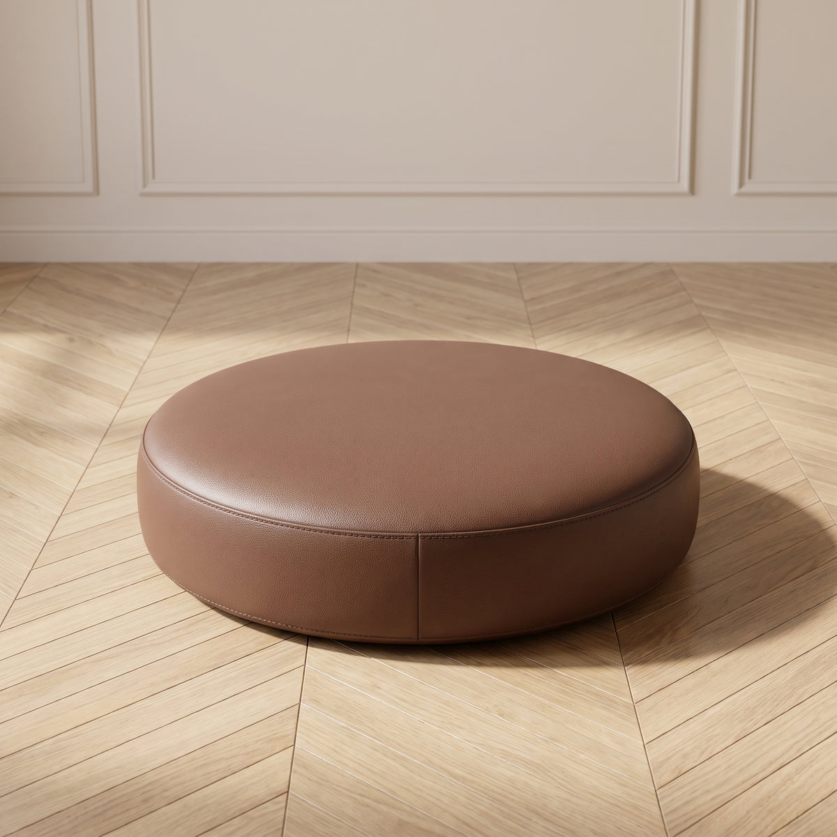 Coussin de sol rond en simili cuir marron foncé