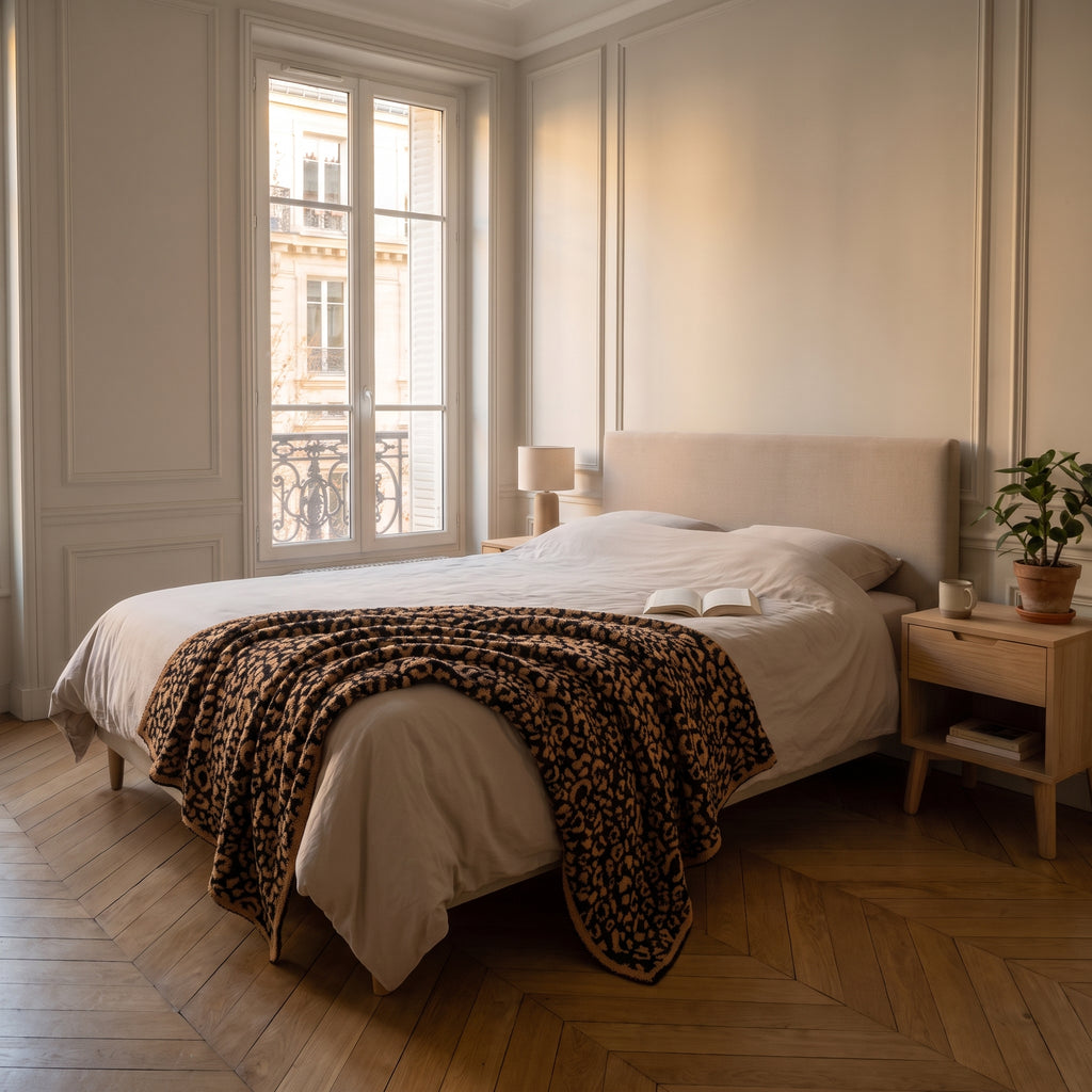 Plaid léopard camel et noir déplié sur un lit deux places
