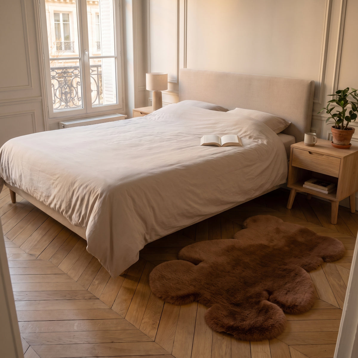Tapis ours en fausse fourrure marron pose au sol le long du lit, chambre parisienne