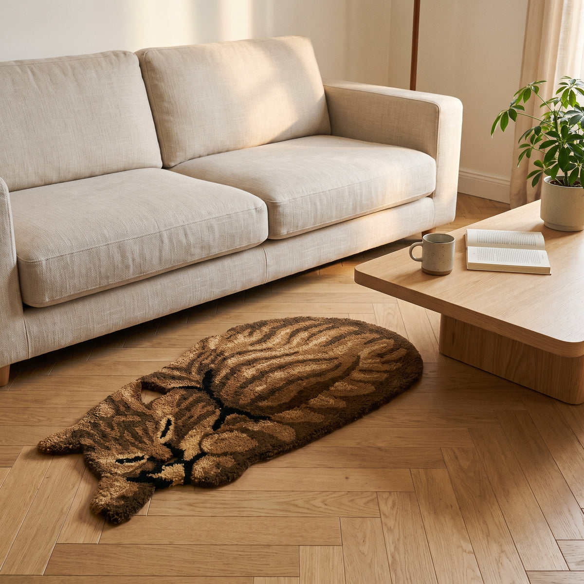 Tapis chat marron pose a plat devant le canape du salon