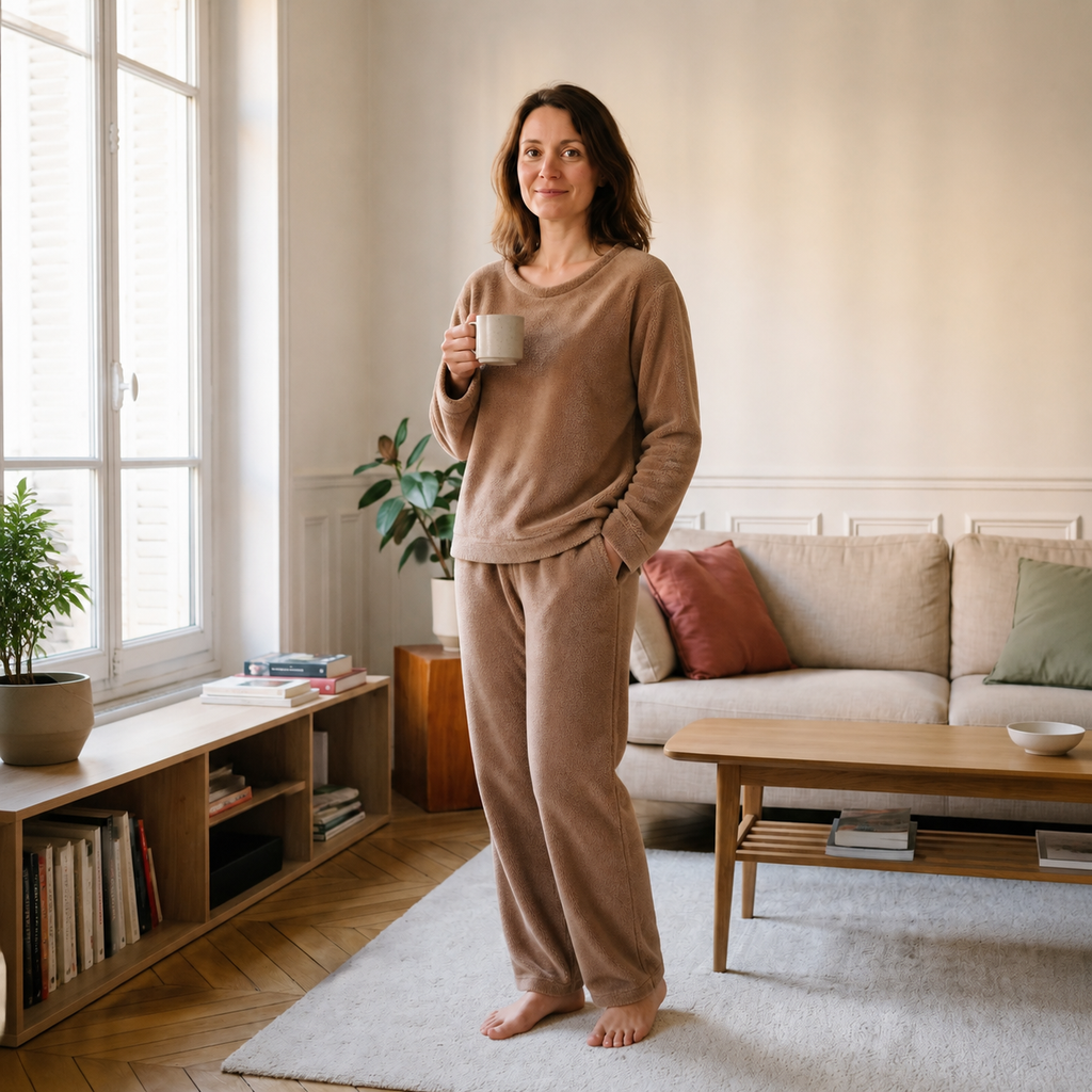 Pyjama polaire femme marron en molleton doux