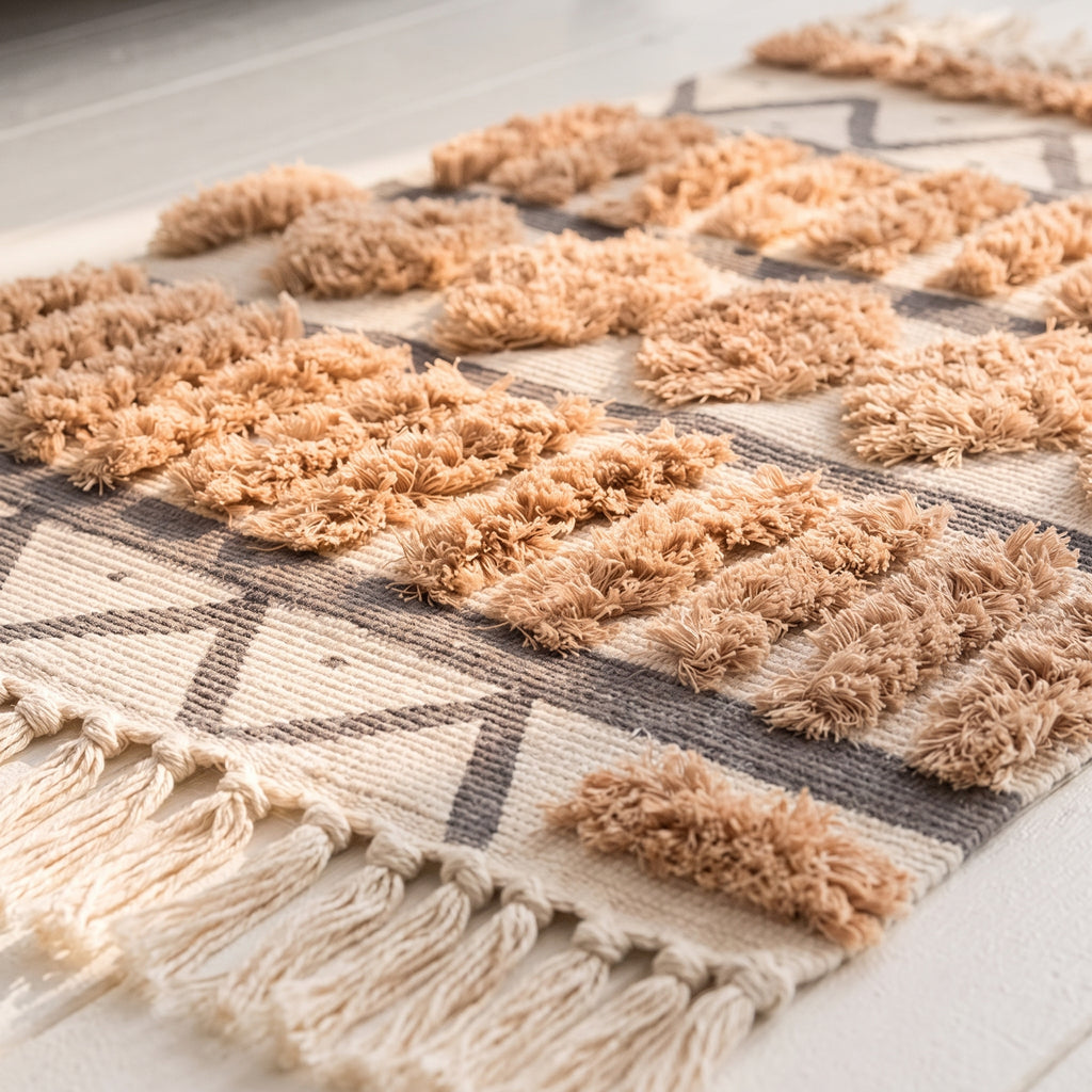 Touffes de coton abricot en relief sur le tissage écru du tapis d'inspiration orientale