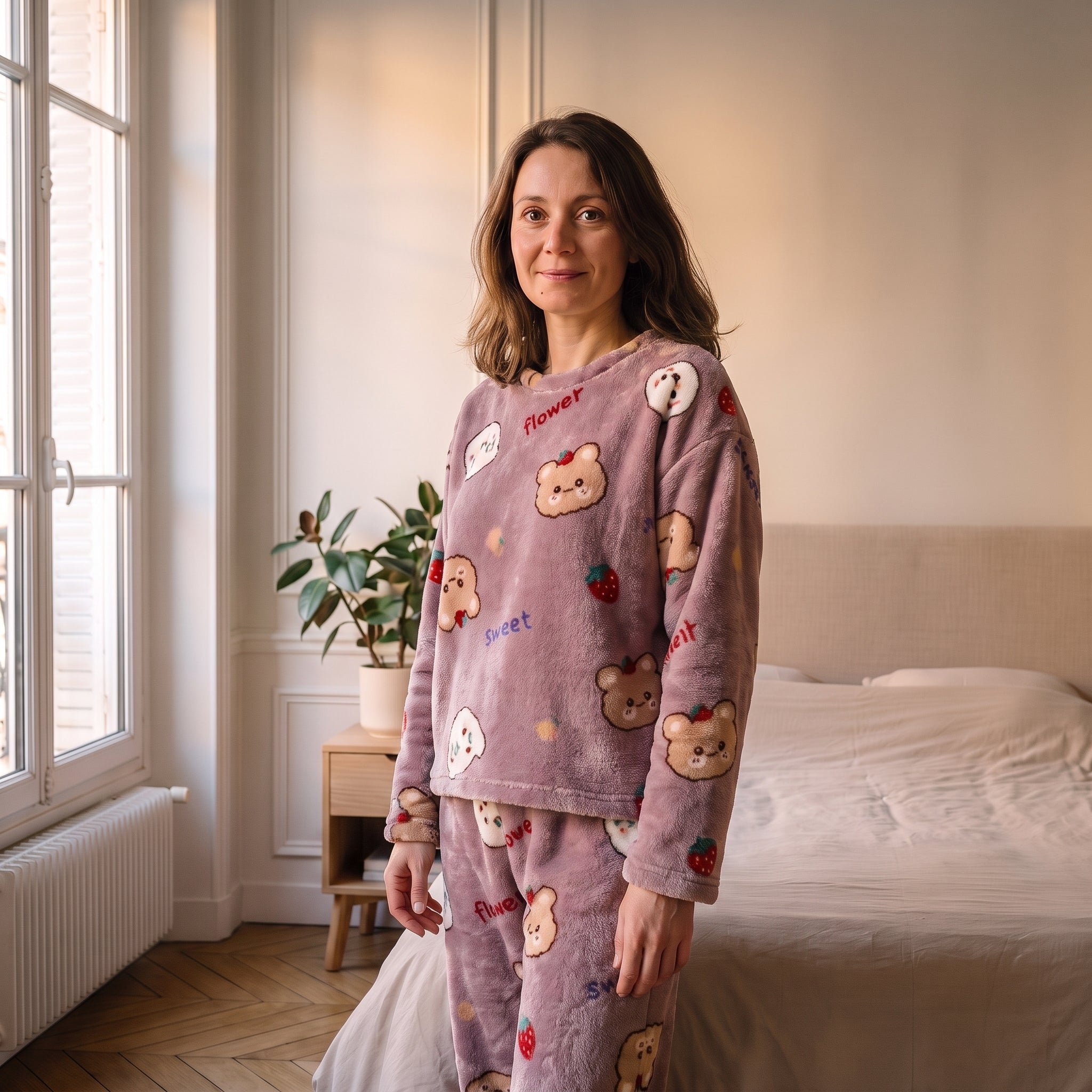 Femme portant le pyjama d'hiver mauve animaux dans une chambre lumineuse Image