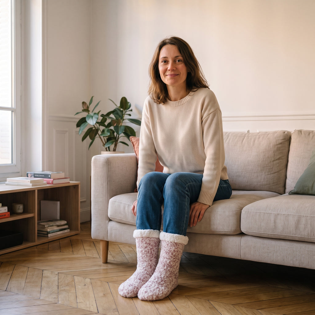 Chaussettes mauve moucheté portées dans un salon lumineux